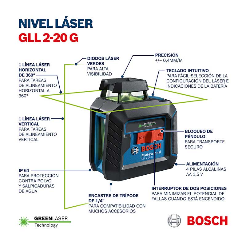 Nivel láser de líneas autonivelante Bosch Clase 2, verde 635