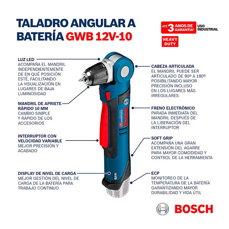 Taladro angular a batería Bosch Professional GWB 12V-10 (sin batería) –  Shopavia