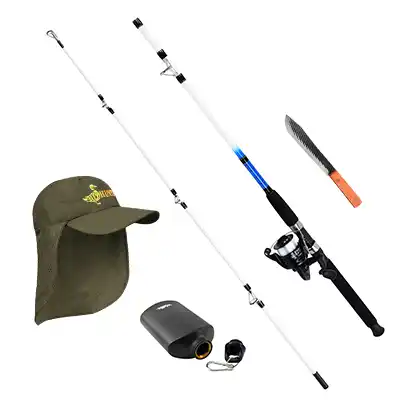 Kit para Pescar Caña con Carrete + Botella y Gorra +Cuchillo