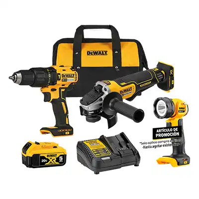 Rotomartillo Dewalt Brushless + Miniesmeriladora + Lámpara
