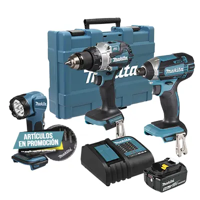 Rotomartillo + Llave Impacto Makita 18V + Linterna + Puntas